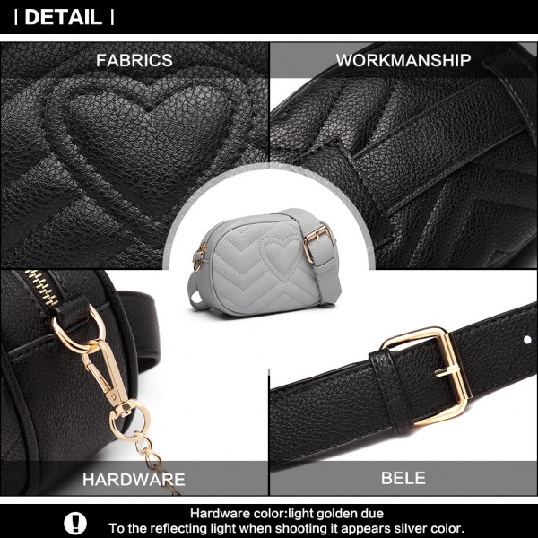 LH6834 - Miss Lulu Quilted Heart and Chevron Cross Body and Bum Bag - Black